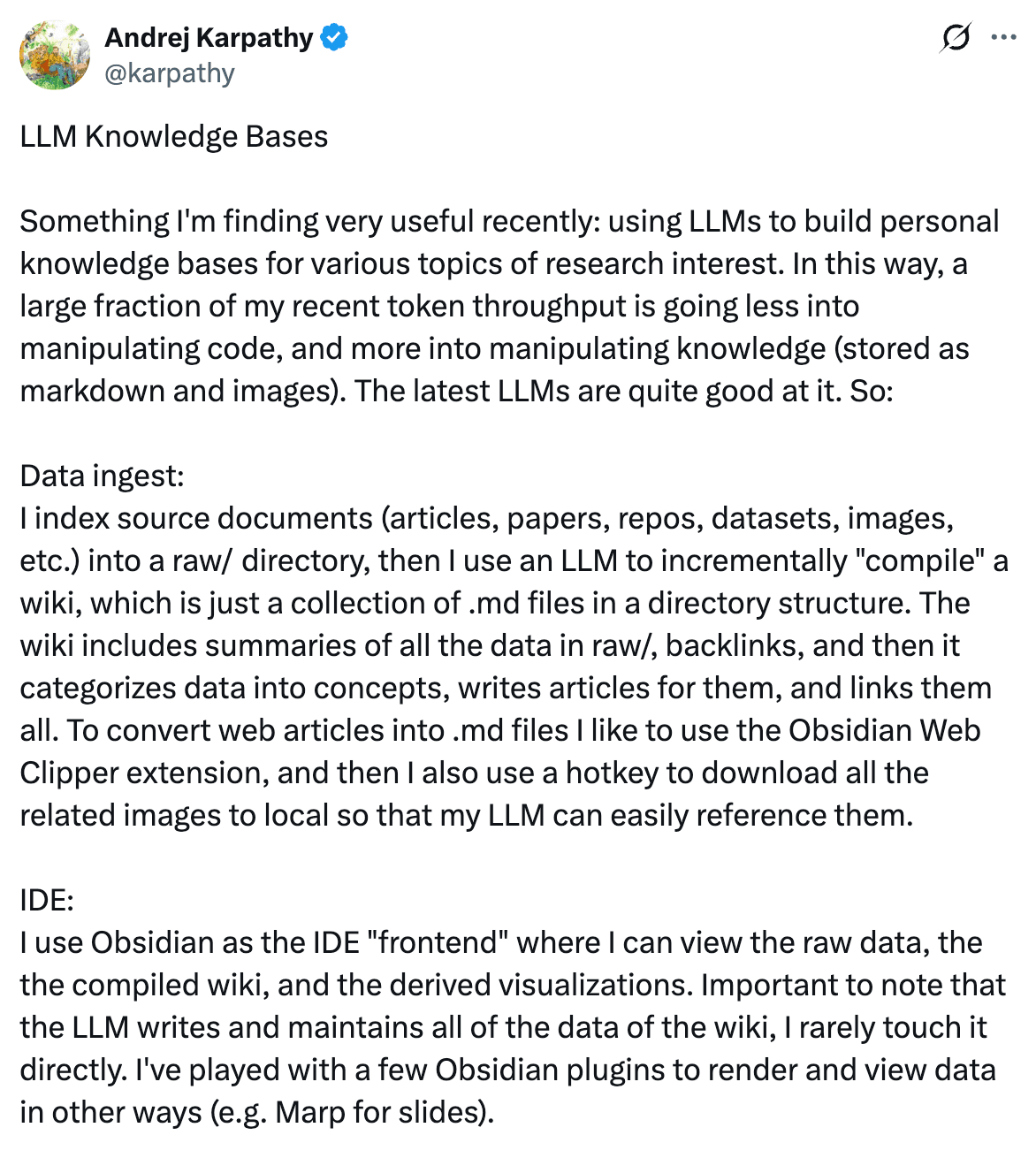 Andrej Karpathy's tweet about LLM Knowledge Bases