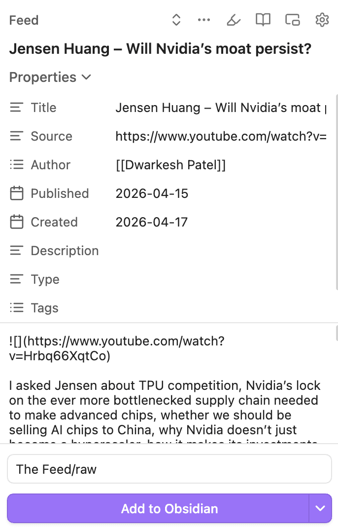 Obsidian Web Clipper capturing a YouTube video with structured metadata